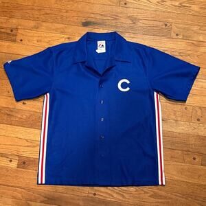 Vintage Majestic Royal Blue Button-Down Chicago Cubs Shirt with Stripes